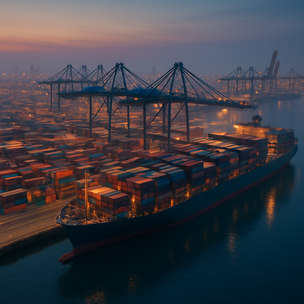 Global shipping port with cargo containers at dusk
